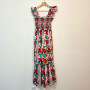 Jade Melody Tam Flutter Sleeve Tiered Pink Watercolor Maxi Dress Small